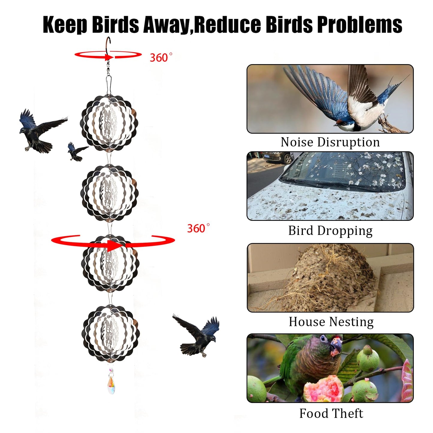 3D Wind Spinners Outdoor Flowing-Light Effect Courtyard Decorations, Highly Reflective Bird Deterrents for Outside, Mirrored Win