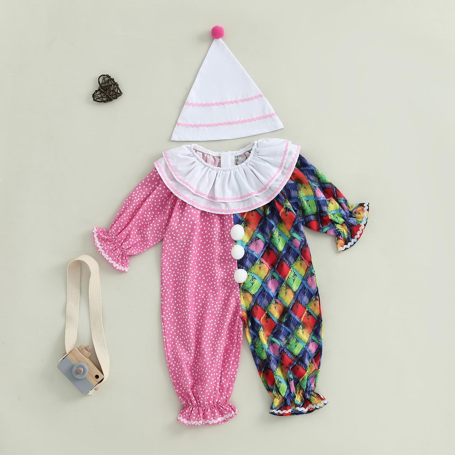 Thorn Tree Toddler Halloween Outfits Baby Boy Girl Clown Costume Contrast Color Long Sleeve Jumpsuit Hat Smocked Outfits (Pink,