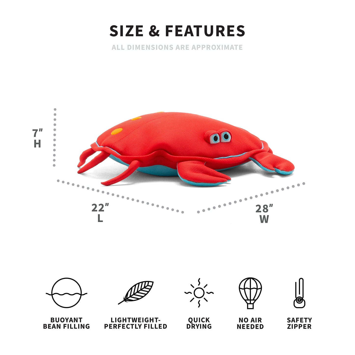 Big Joe Pool Petz Crab Floating Pool Toy - No Inflation, Quick Draining Fabric, 35"L x 43"W x 7"H, Model 2020CRA, Color: Crab