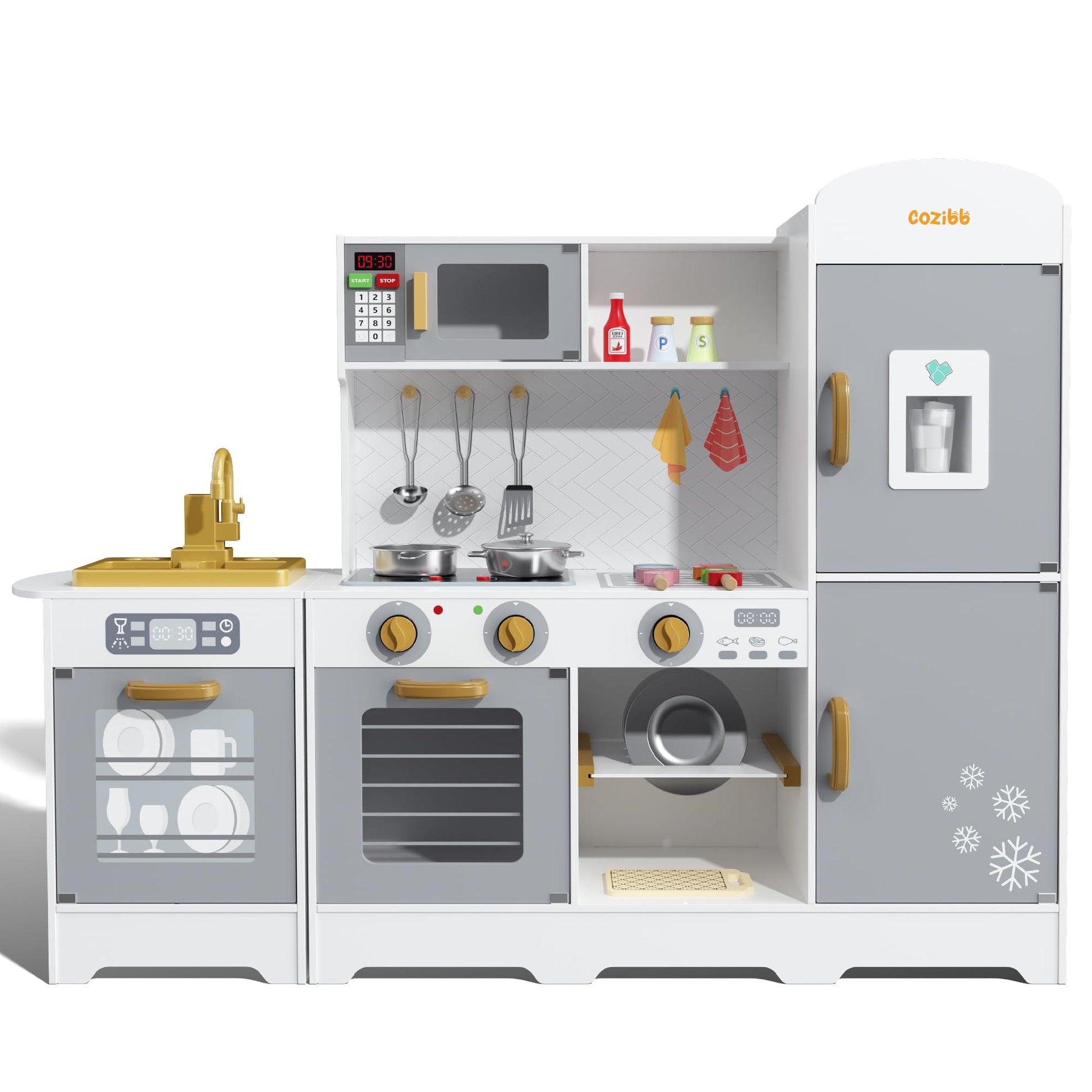 Cozibb Wooden Pretend Play Kitchen Set, Realistic Oven Faucet Microwave Ice Maker Bbq, With Lights & Sounds Features, 21 Accesso