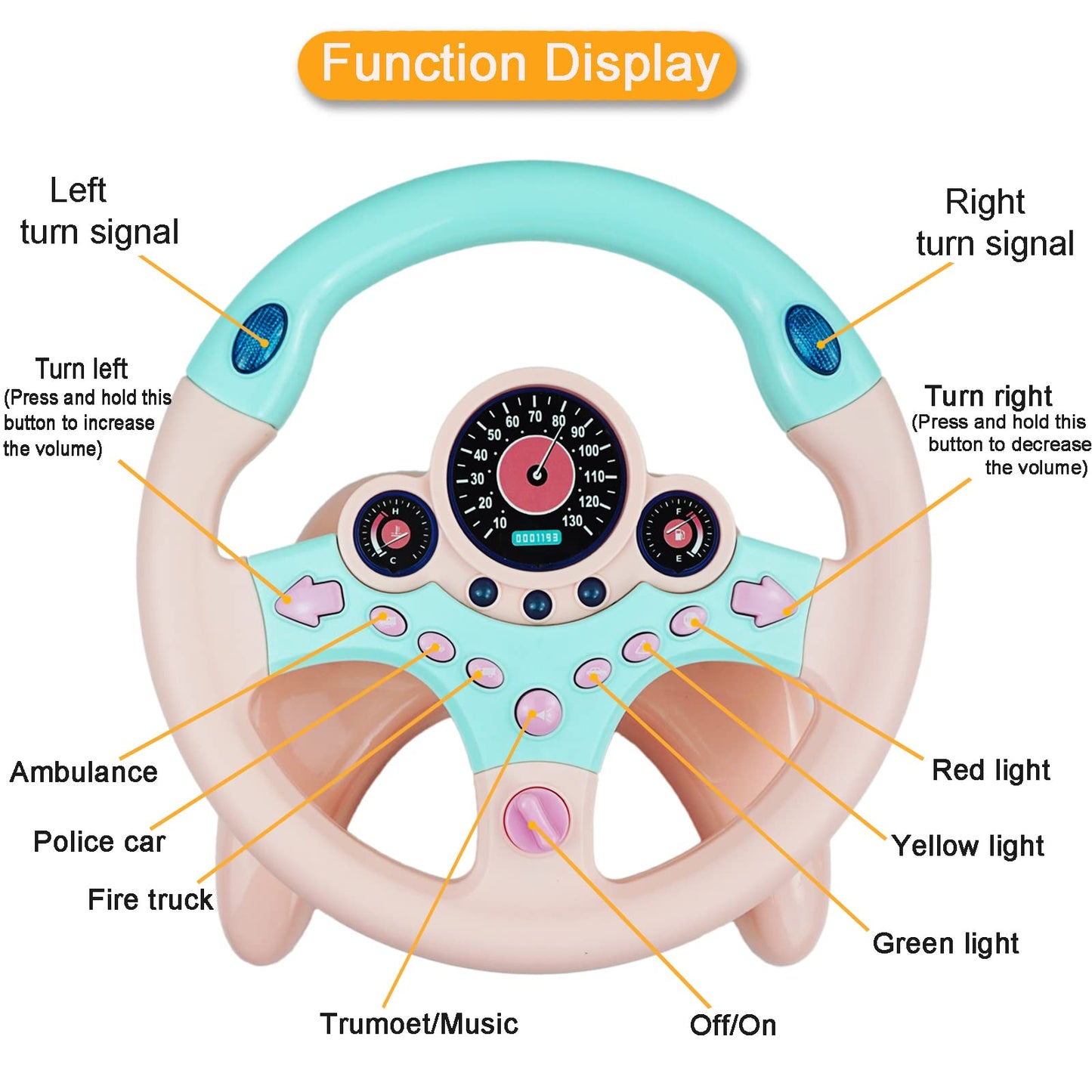 Redcrab Steering Wheel Car Driving Simulated Toy With Light And Music For Kids, Pretend Driving Seat Toys,Baby Electric Early Learning Educational Toys For Boys And Girls(Orange)