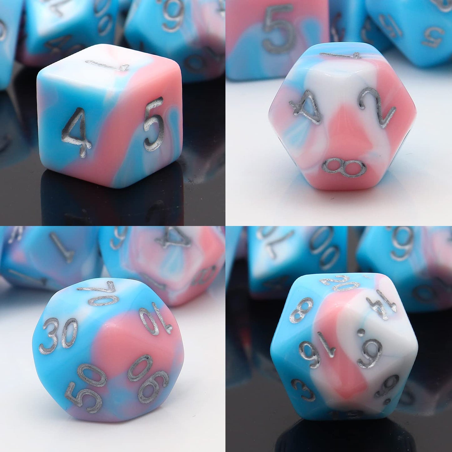 PJOY DND Dice Set 7PCS Blue Pink White D&D Polyhedral Dice with Velvet Dice Bag for Role Playing Dice Games as Dungeons and Drag