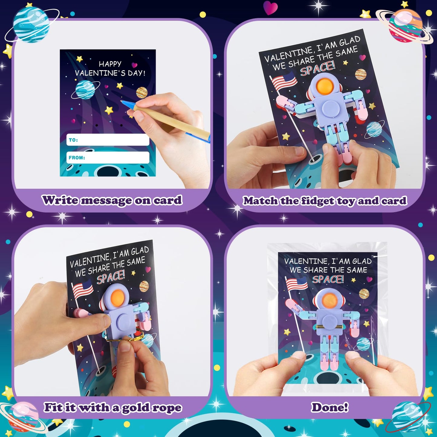 Zirseng Valentines Day Gifts For Kids Classroom - 28Pack Pop Fidget Spinners Astronaut Bulk With Unique Valentines Cards For Cla