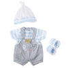 Jc Toys | Berenguer Boutique | Baby Doll Outfit | Gray Overall Shorts With Blue Stripes | Includes Headband And Booties | Ages 2+ | Fits Dolls 14'- 16'