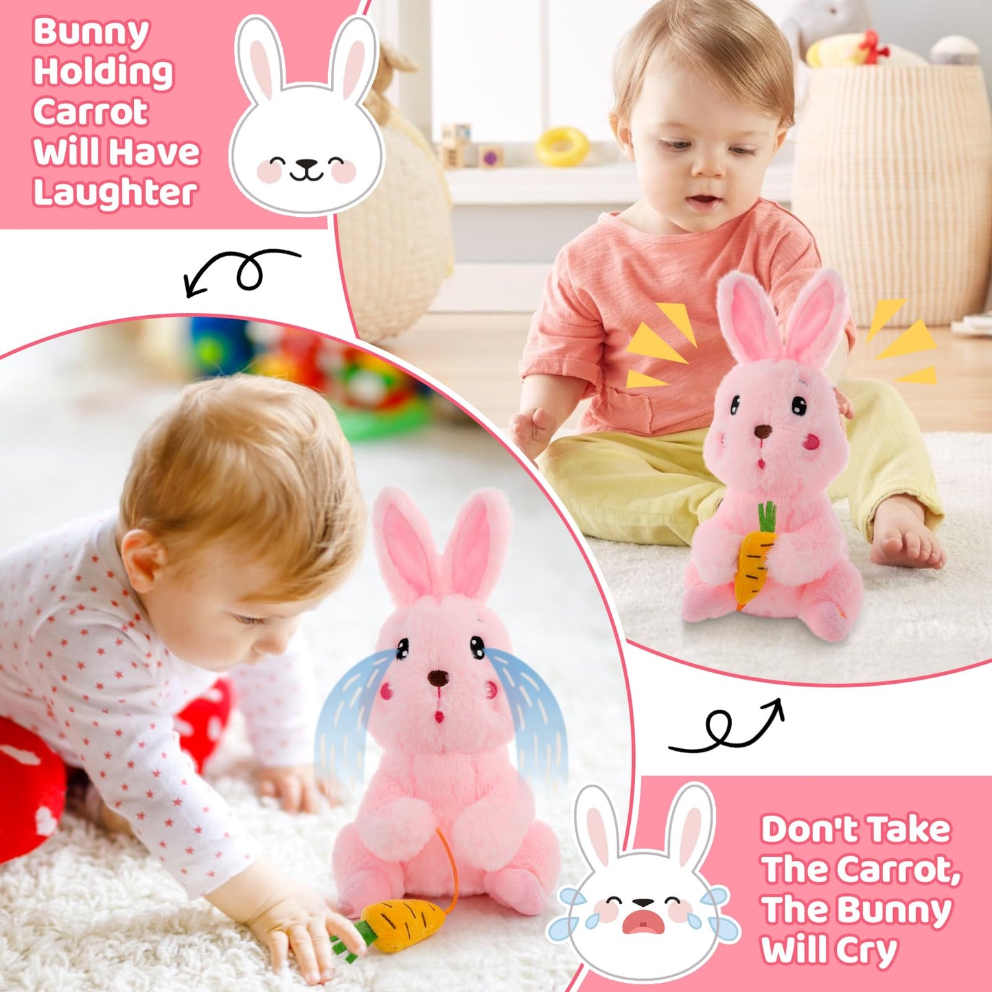 Emoin Bunny Plush Baby Toys, Singing Dancing 9'' Bunny Stuffed Animal, Interactive Rabbit Plush Crying Bunny Don'T Take His Carr