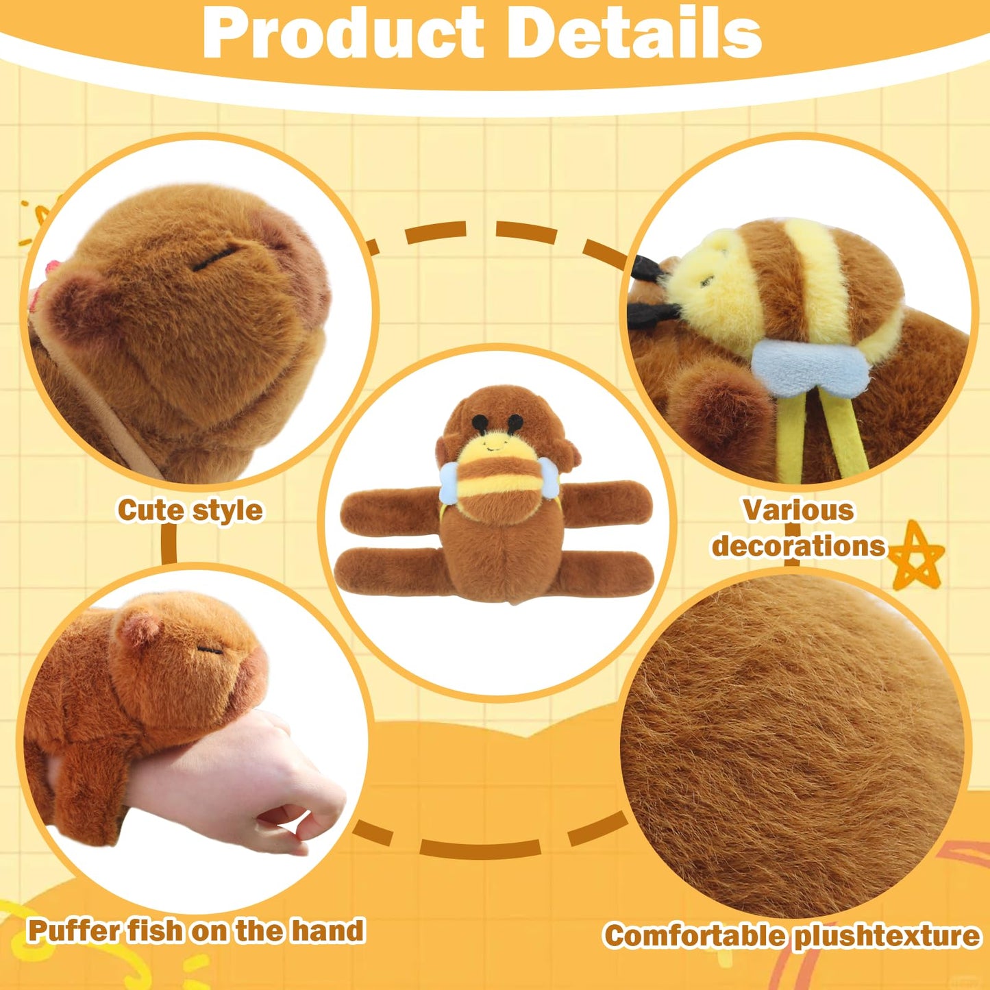 Timisea 2pcs Capybara slap bracelets,Funny Capybara Plush Bracelet, Animal Slap Bracelet, Suitable for Birthday, Party, Children