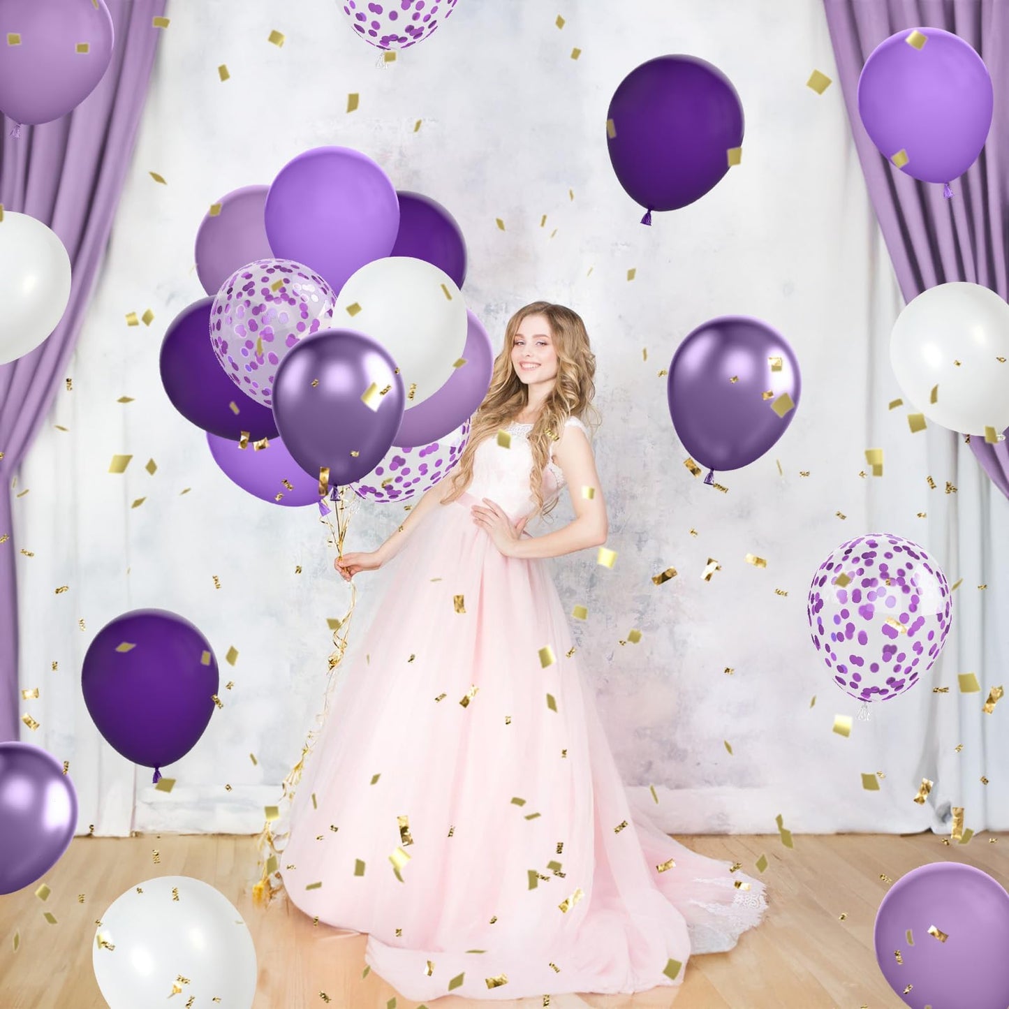 Funhot Purple Balloons, 60 Pcs Dark Purple White Balloons, 12 Inch Metallic Purple Confetti Balloons Macaron Purple Latex Balloo