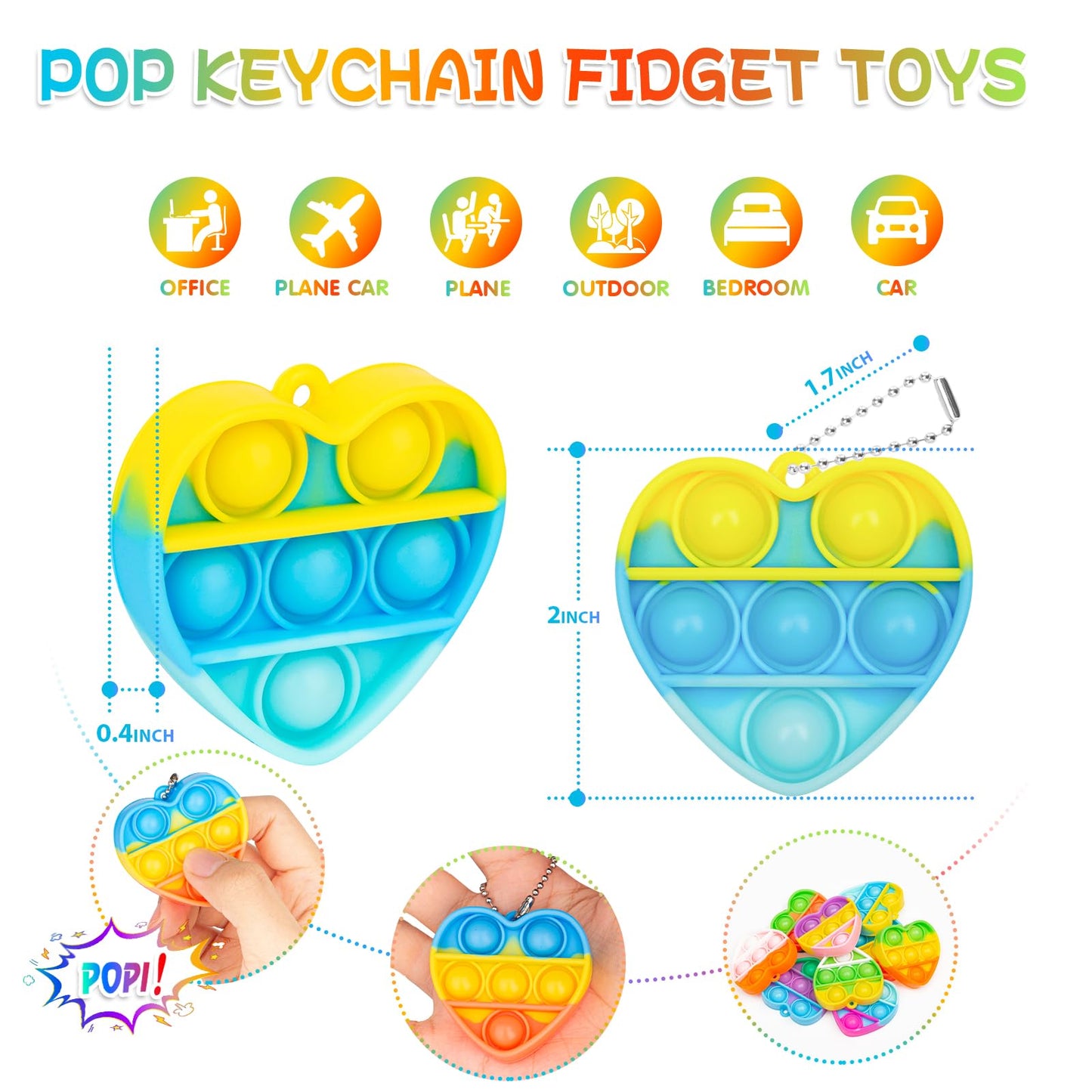 PICcircuit Pop Fidget Toys - 30 Pack Rainbow Silicone Keychains for Kids' Valentine's Day Classroom Party Favors
