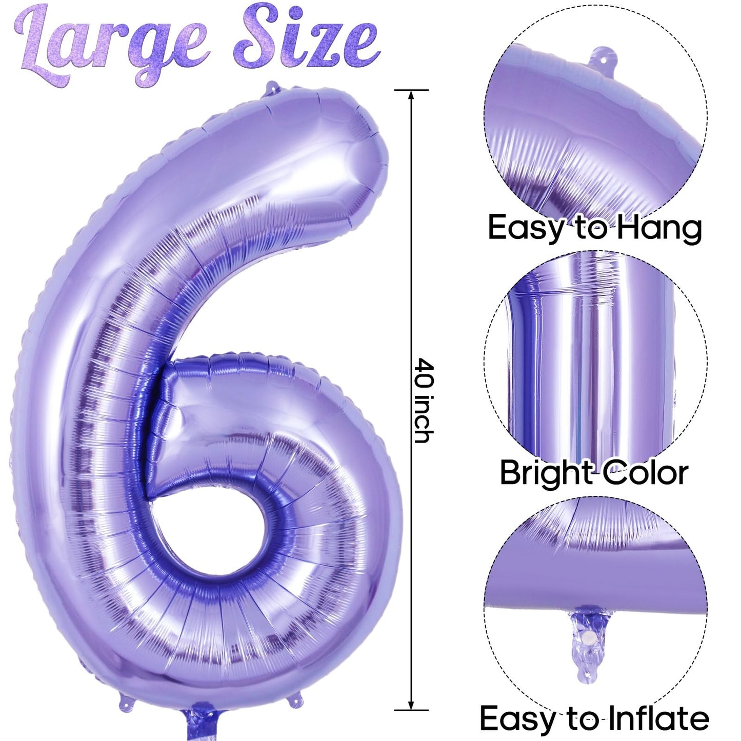 Purple Number 6 Balloon 40 Inch, Big Large Foil Helium Number Balloons, Giant Mylar Number 6 Balloons For 6 Year Old Birthday An
