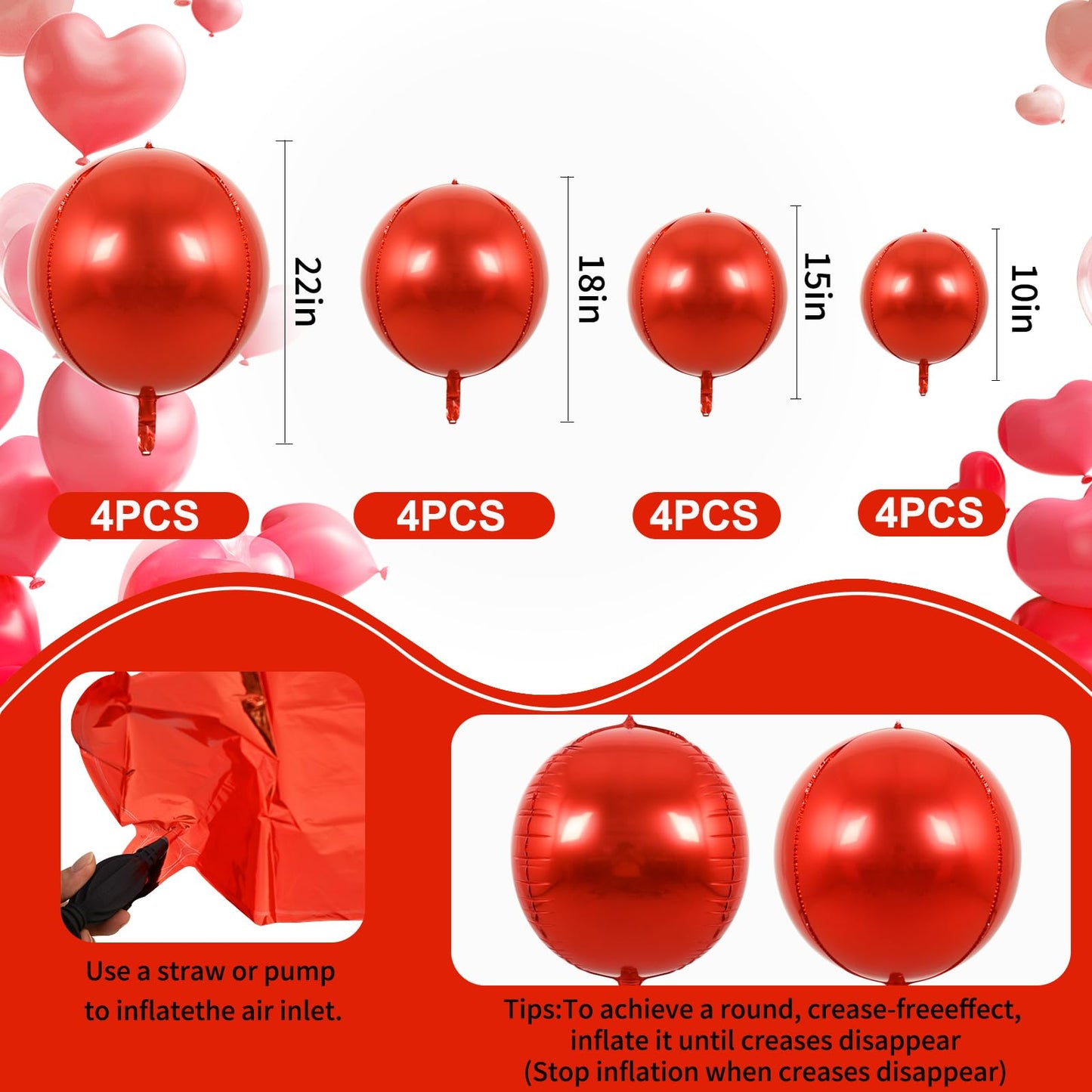 TONIFUL 16Pcs Large Red 4D Giant Round Foil Balloon 4D Mirror Metallic Mylar Sephere Balloons for Christmas New Year Birthday Pa