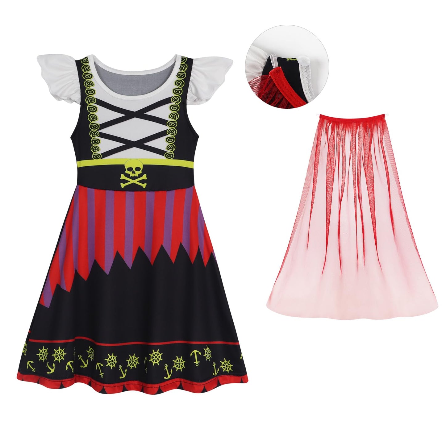 WonderBabe Girl Costume Buccaneer Princess Costume Halloween Party Dress Up Birthday Party Dress Up Dress with Cape size 6-7