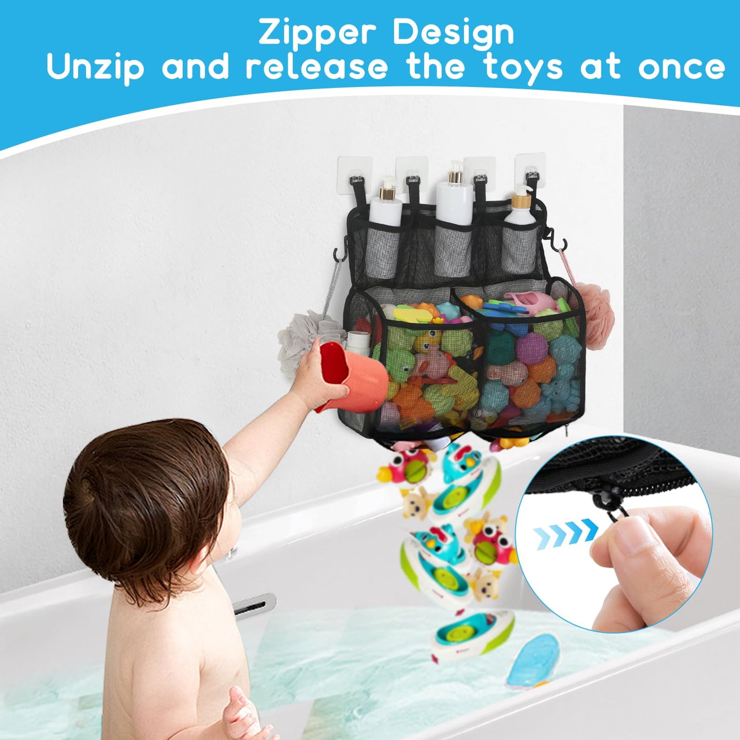 Docmon Bath Toy Storage, 2 Layers Large Capacity Bath Toy Holder For Bathtub, Quick Dry Bath Toy Organizer With Buttom Zipper, B