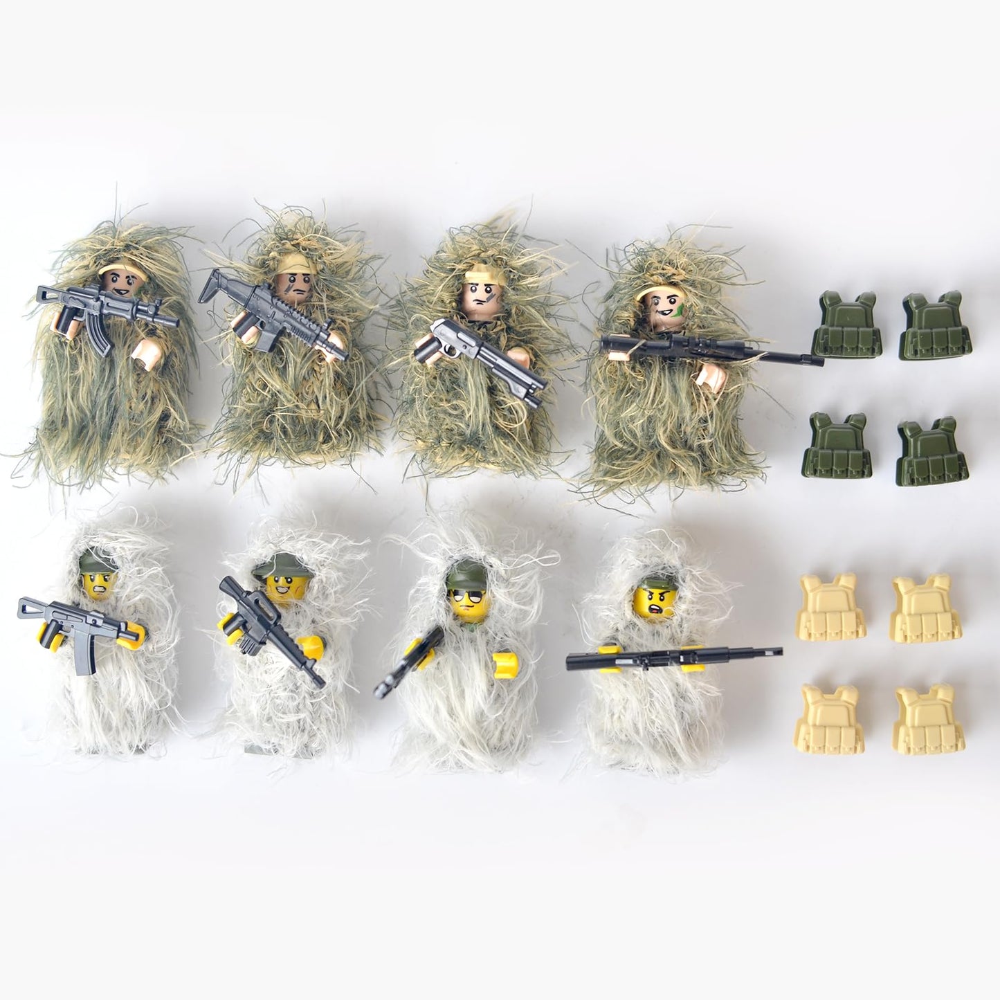 LEERFEI Military Camouflage Soldiers Toy Set(8 Included)  Action Minifigures in snowfield and Jungle Fatigues  Special Forces Soldier Figures in Ghillie Suit  and Accessories