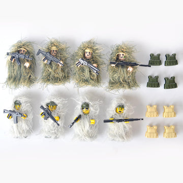 LEERFEI Military Camouflage Soldiers Toy Set(8 Included)  Action Minifigures in snowfield and Jungle Fatigues  Special Forces Soldier Figures in Ghillie Suit  and Accessories