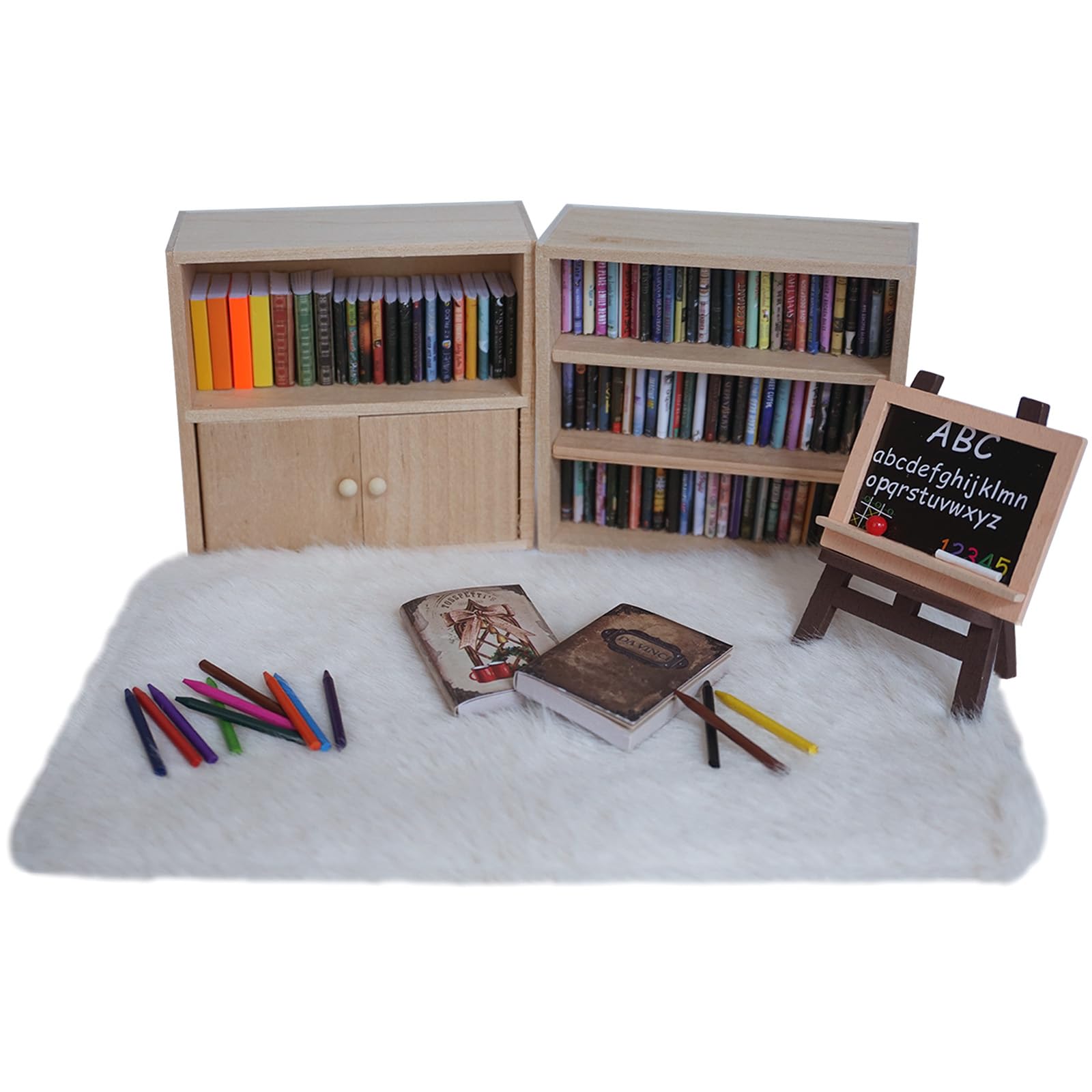 1:12 Scale Dollhouse Bookshelf Set - 2 Mini Wooden Bookshelves, 100+ Blank Mini Books & Art Studio Accessories For Creative Educ