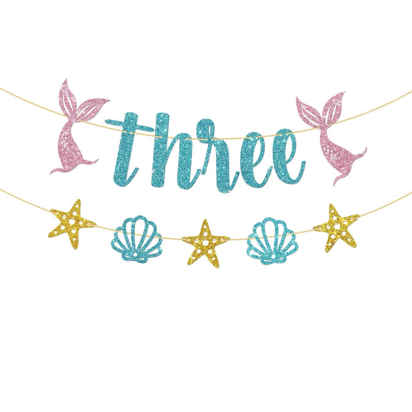 WeBenison Mermaid 3rd Birthday Banner - Ocean Three Sign/Under The Sea Mermaid Party Decorations - Blue Pink Gold Glitter