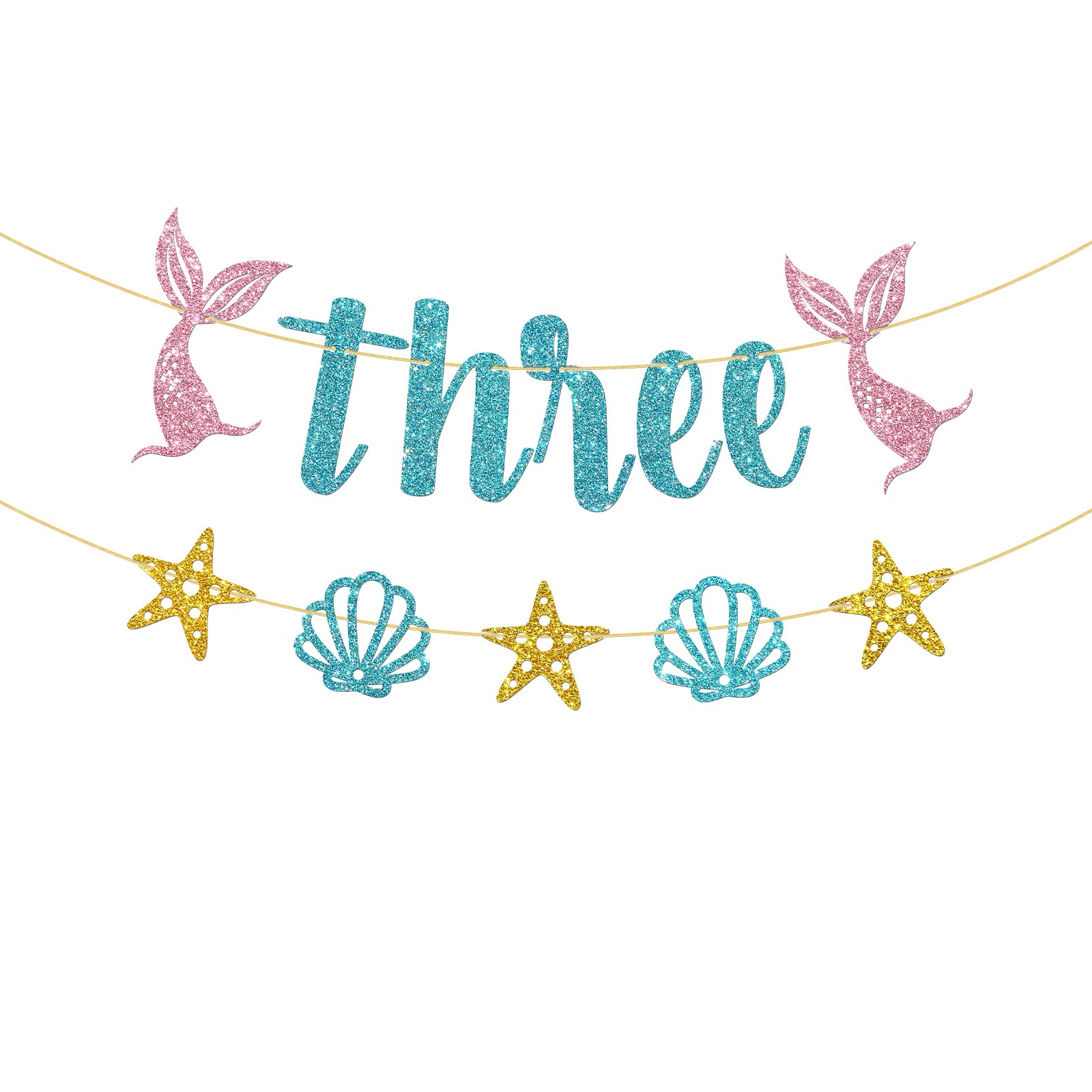 WeBenison Mermaid 3rd Birthday Banner - Ocean Three Sign/Under The Sea Mermaid Party Decorations - Blue Pink Gold Glitter