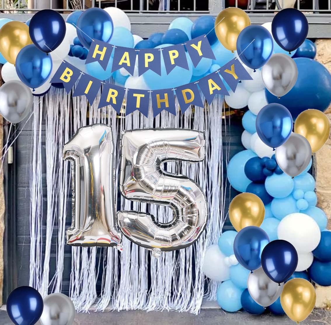 15Th Birthday Party Decoration For Boys, Happy Birthday Banner Blue Number 15 Birthday Balloons Metallic Silver Blue Gold Latex