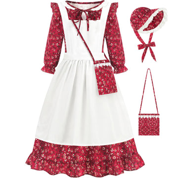 Aoiviss Pioneer Girls Dress Floral Colonial Prairie Costumes For Little Kids With Apron And Bonnet, Dark Red