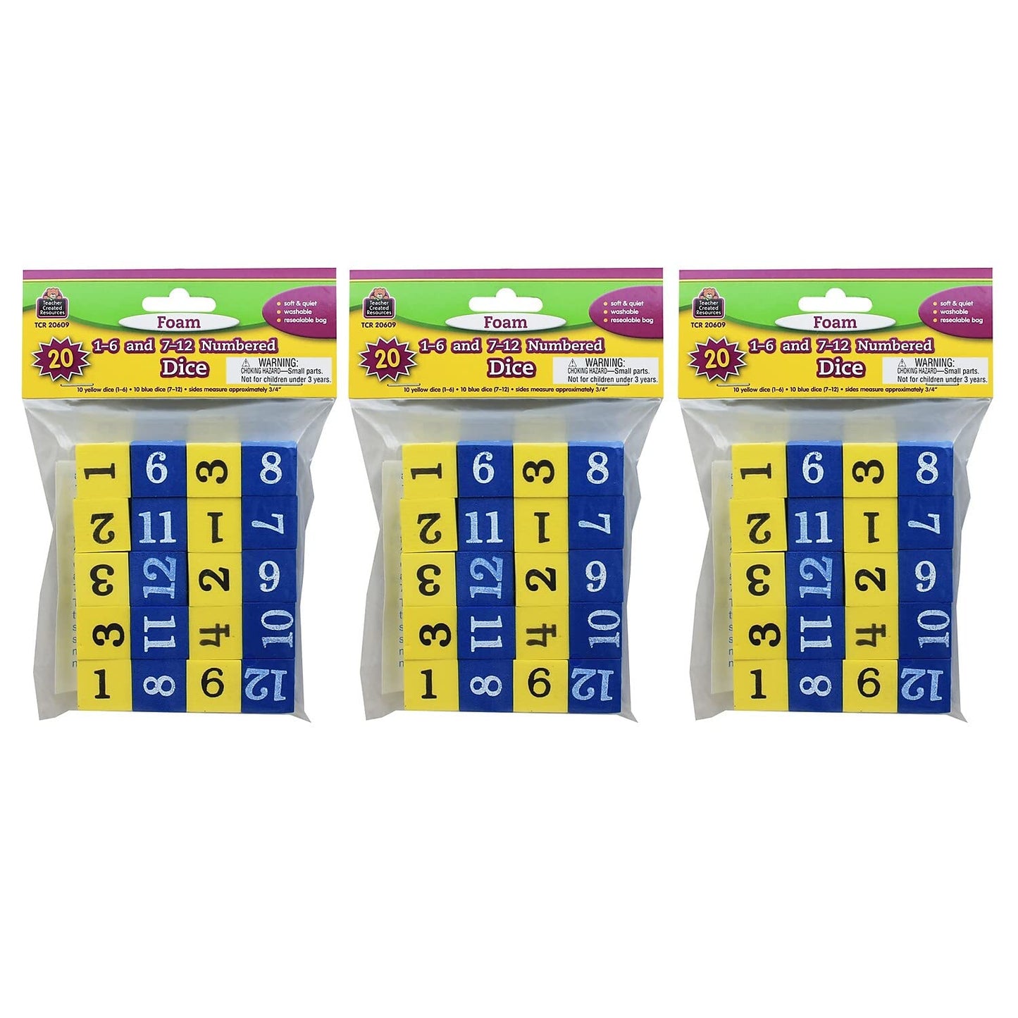 Teacher Created Resources Foam Numbered Dice (Numerals 1-12), 20 Per Pack, 3 Packs