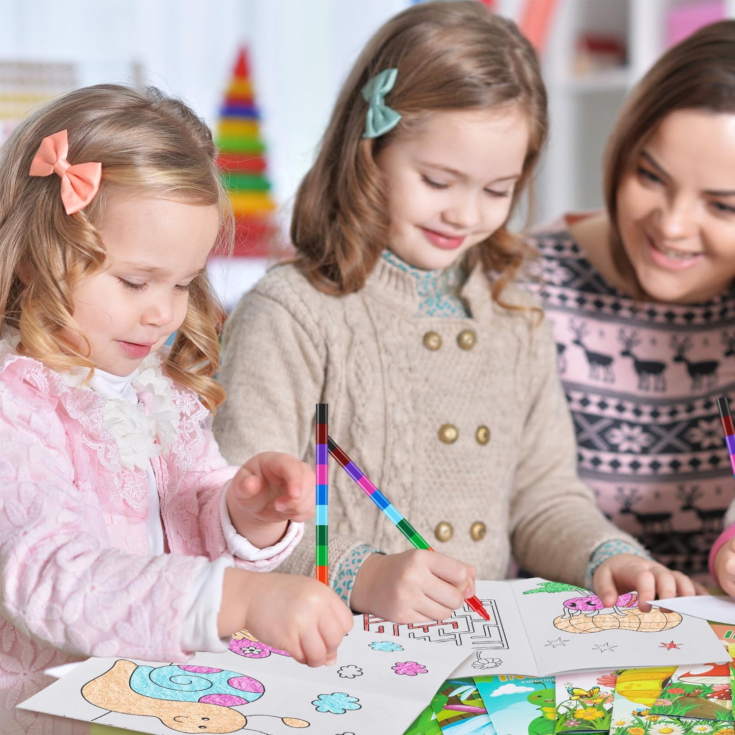 BenLouis 12 Insects Mini Coloring Books Kids with 12 Stacking Crayons Spring Bugs Party Favors Small Activity Books Bulk for Kid