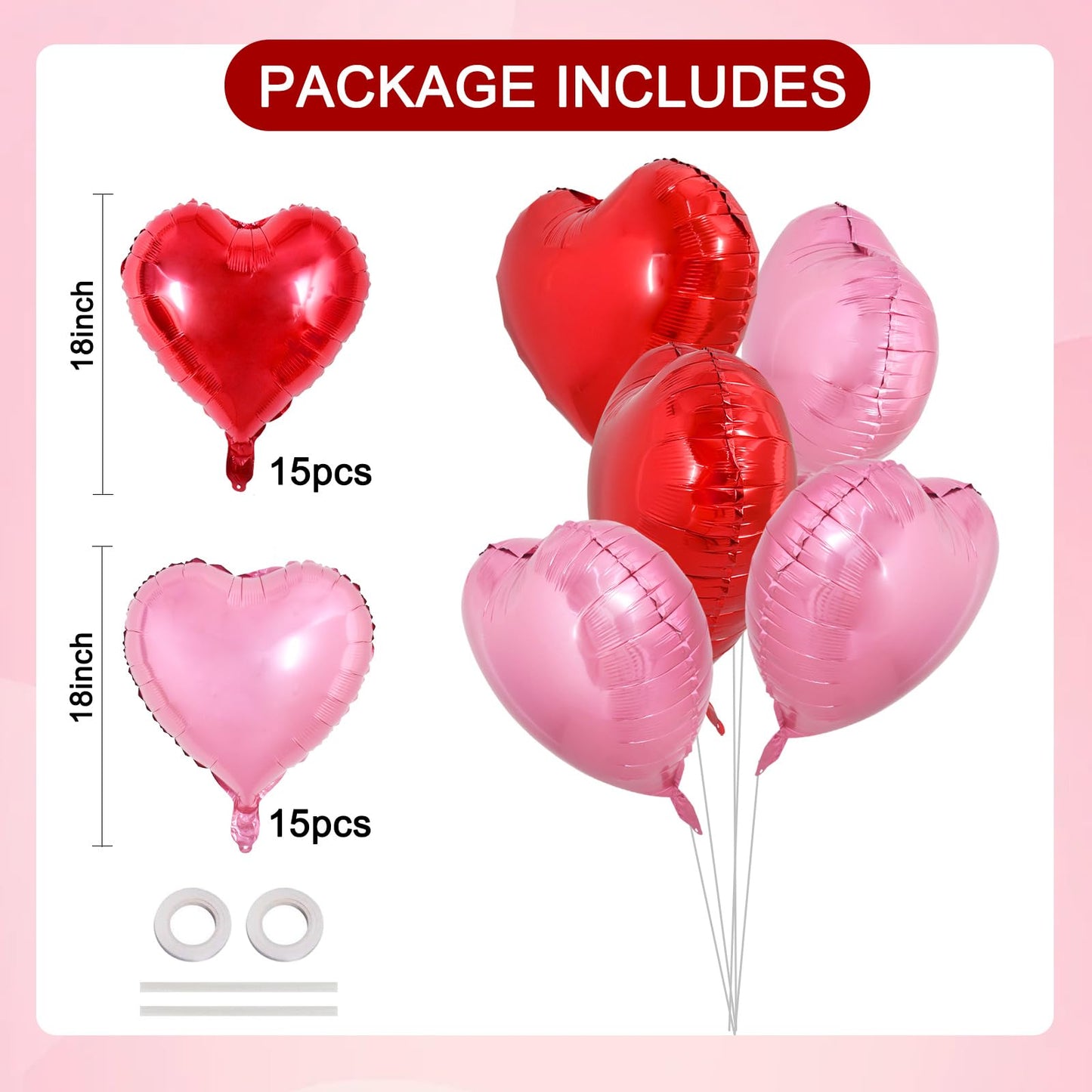 TONIFUL 30Pcs 18 Inch Red Pink Heart Balloons Valentines Day Heart Shape Foil Mylar Balloons Decoration for Romantic Valentines