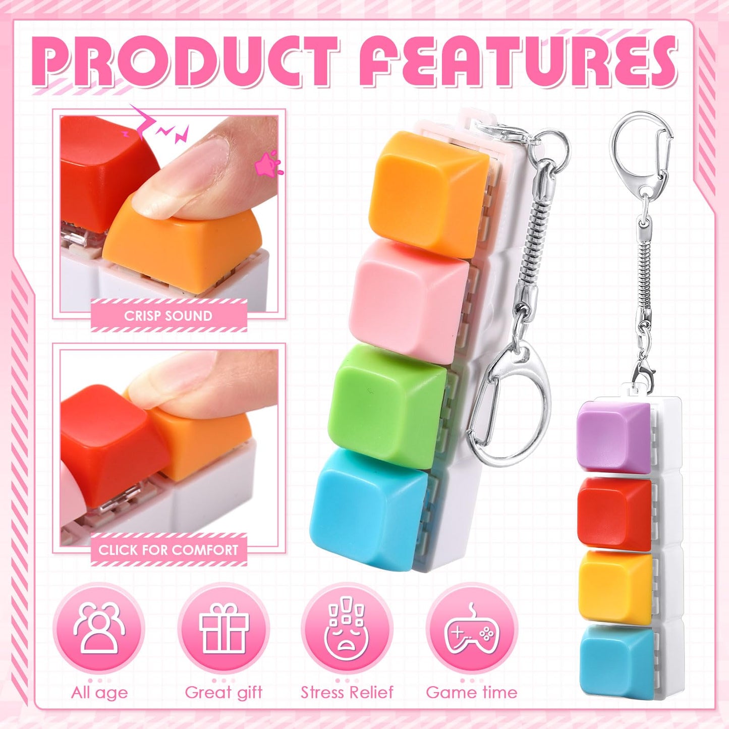 Halloscume 4 Pcs Keyboard mature-themed Fidget Toy Clicker Toy 4-in-1 Keyboard Fidget Keychain Cube Mechanical Key Button Clicker Stress Relief Gift for Office School Home to Pass The Time (Mix Colors)