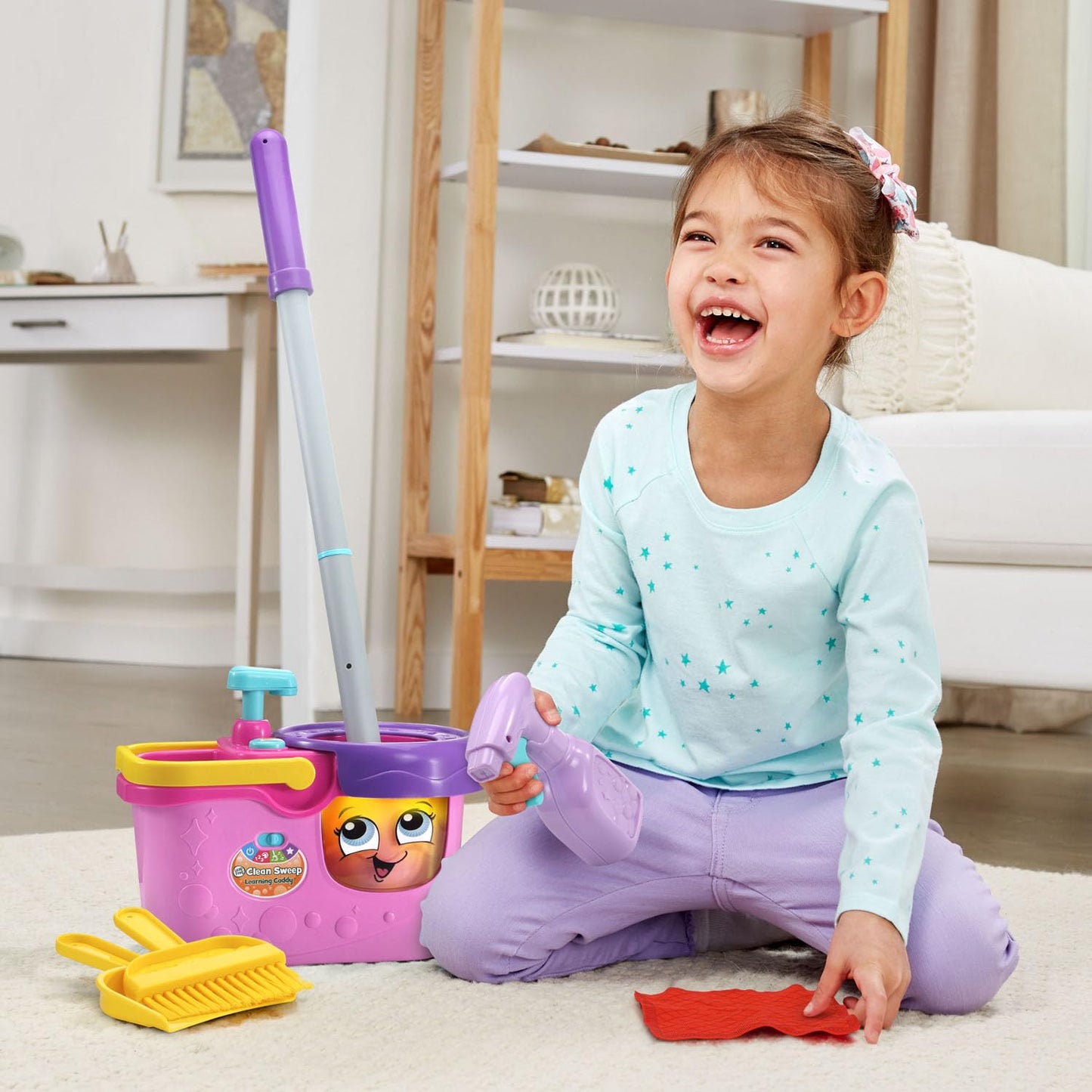 LeapFrog Clean Sweep Caddy - Kids Mop & Broom Set, Pink, Ages 3-5, Plastic, Model 80-615835