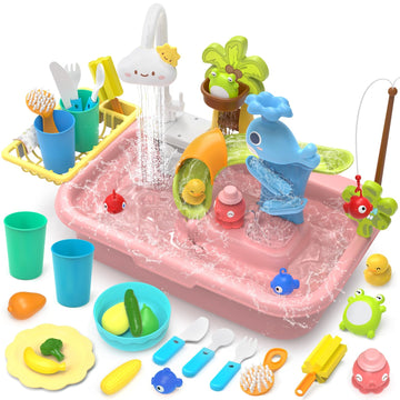Play Sink with Running Water, 4-IN-1 Kids Kitchen Sink Toys with Electric Faucet, Water Table Floating Pool Toy w/ Fishing Game,