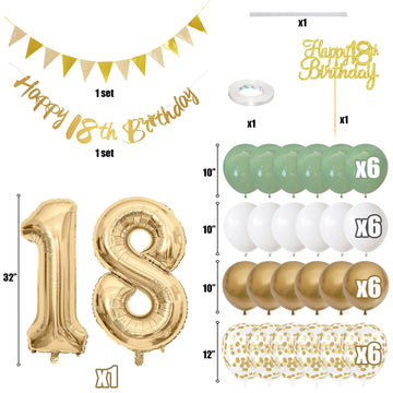 18Th Birthday Decorations For Boys Girls, Happy 18Th Birthday Banner With Birthday Cake Topper Number 18 Foil Balloon Sage Green