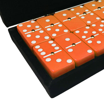 Marion Domino Double 6 Orange-White Spots Jumbo Tournament Professional Size With Spinners In Elegant Black Velvet Case.