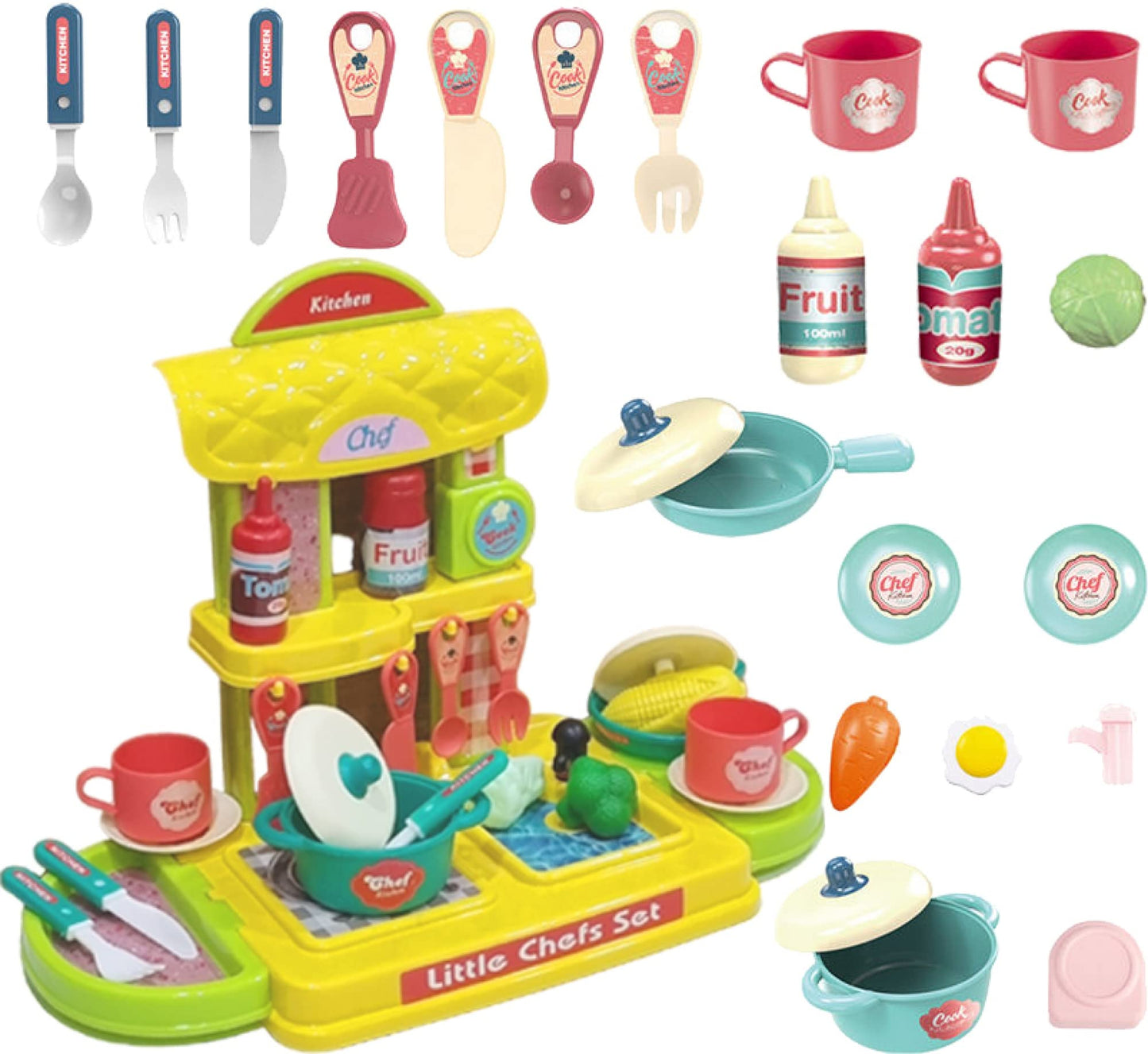 Techhark 30 Pcs Kitchen Play Set Non Toxic Plastic Unbreakable Toys For Girls (Yellow Kitchen)