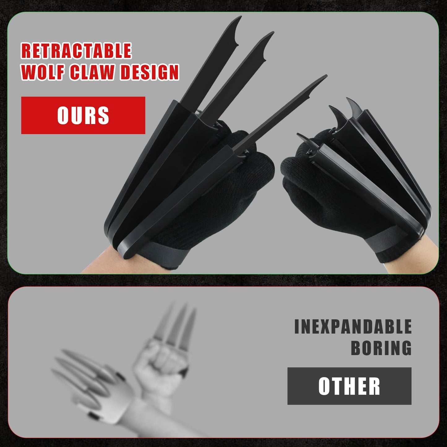 2 PCS Wolf Claws  New Upgrade Wolf Claws with Retractable Function  3D Cosplay Wolf Claws for Kids mature-themed with Gloves  Halloween Party Decoration Accessory Fits Most Finger Sizes - Black