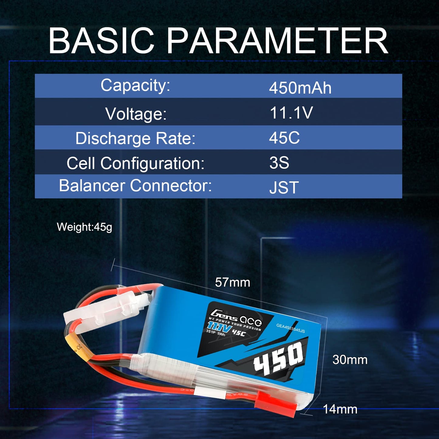 Gens ace 3S Lipo Battery 11.1V 45C 450mAh Lipo Battery Pack with JST-SYP Plug