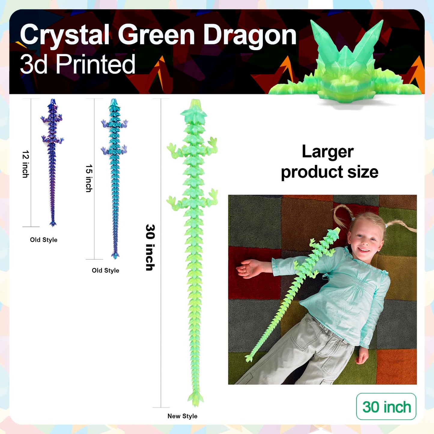 Rwsefk 30 In 3D Printed Dragon, 30Inch Dragon,3D Dragon Toy,Large Dragon Present,Ariculated Crystal Dragon(Gradient Bamboo Green