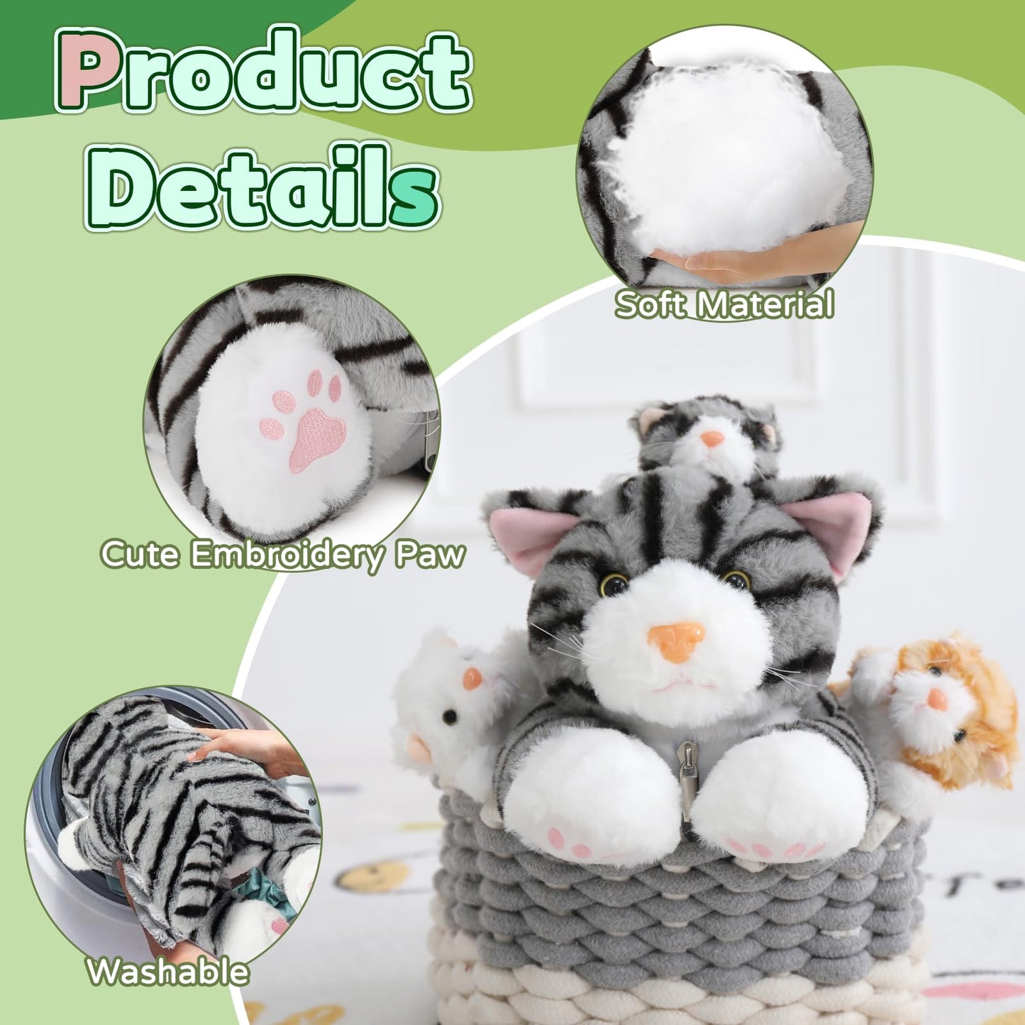 Muiteiur 15.7 Inch Cat Stuffed Animal with Babies  1 Mom & 3 Baby Kittens with Portable Zipper Storage Pouch  Cuddly Stuffed Animal Toys for Kids  Girls  Boys