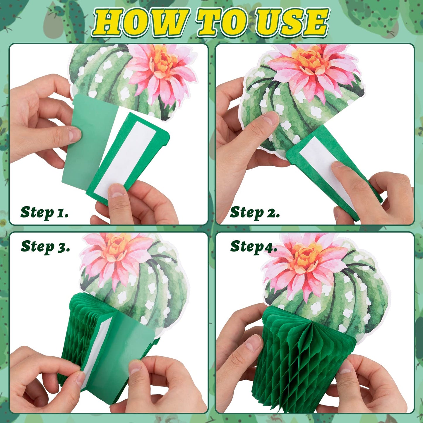 Whaline 10Pcs Cactus Honeycomb Centerpiece Potted Succulent Paper Table Topper Rustic Bloom Theme Summer Party Table Decoration For Birthday Hawaiian Luau Baby Shower Photography