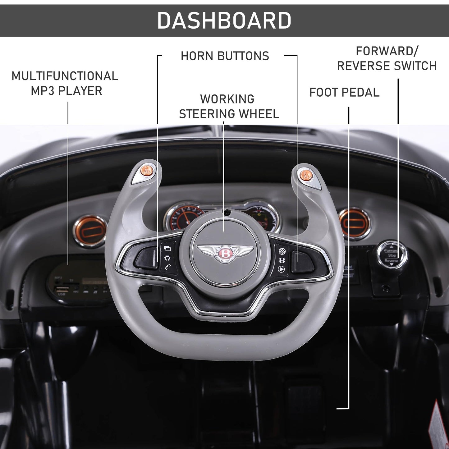 Aosom Licensed Bentley Exp12 Kids Electric Car With Parent Remote Control, 12V Ride On Car With Butterfly Doors, Startup Sound, Suspension, Mp3 Player, Songs, Horn, Lights, Black