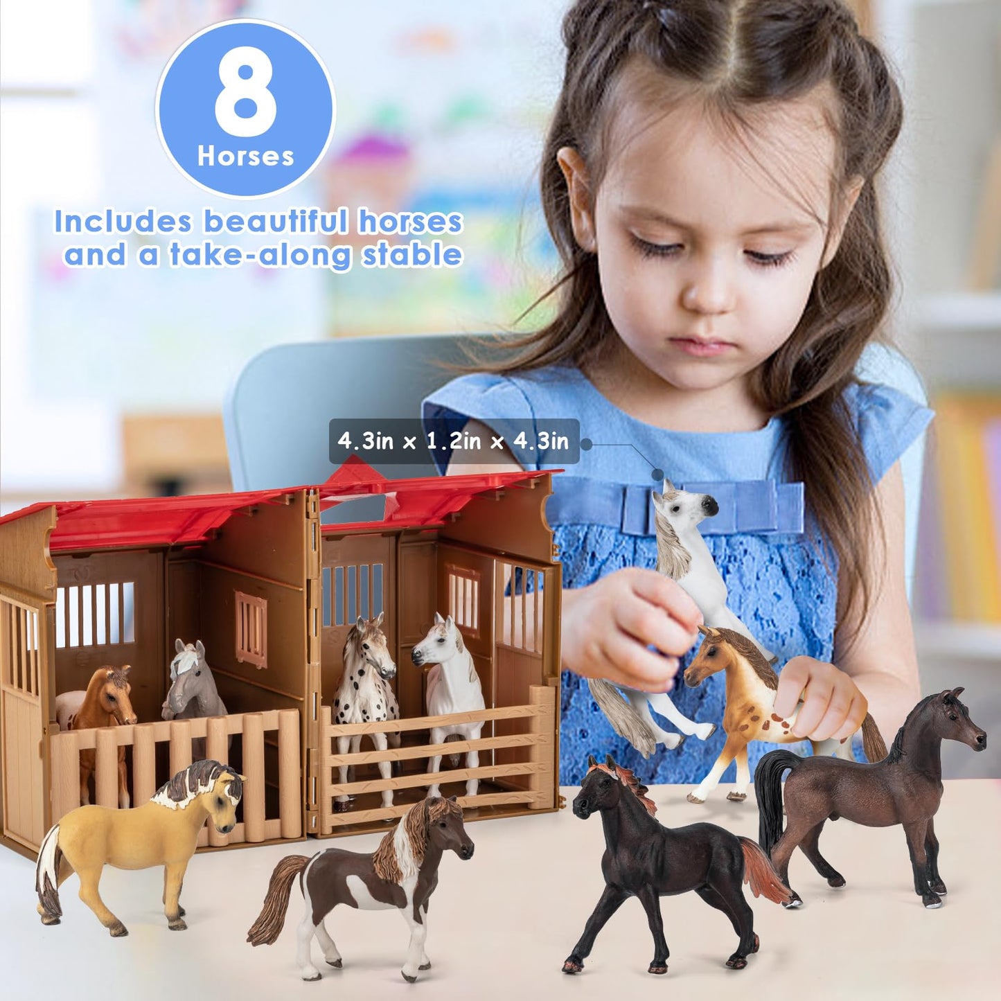 8 In 1 Horse Toy Set For Girl Age 6-12, 8 Pcs Realistic 5 Inch Plastic Horse Figure With Horse Stable, Horse Toy Figurine Farm A