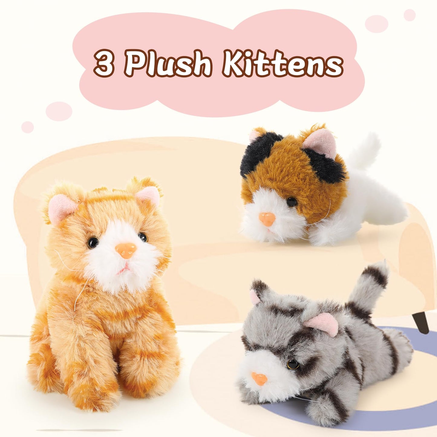 Muiteiur 4 Piece Cats Stuffed Animals, 15.7 Inch Mom Plush Cat With 3 Kittens Stuffed In Zipper Pouch, Cute Yellow Mom And Baby Stuffed Cats For Kids Girls Boys