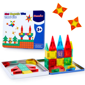 Gemmicc 58 PCS Mini Magnetic Tiles, Travel Magnet Construction Toys with Metal Storage Box, Sensory Montessori Toys for Boys Gir