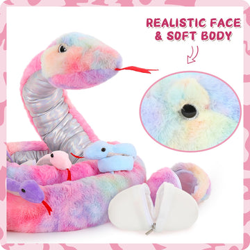Morismos Giant Snake Stuffed Animal Mommy With Babies, Realistic Stuffed Snakes Plush Toy, 80' Long Green Boa Constrictor For Kids, Girls, Boys, Halloween, 3 Snake Babies, 3 Snake Eggs