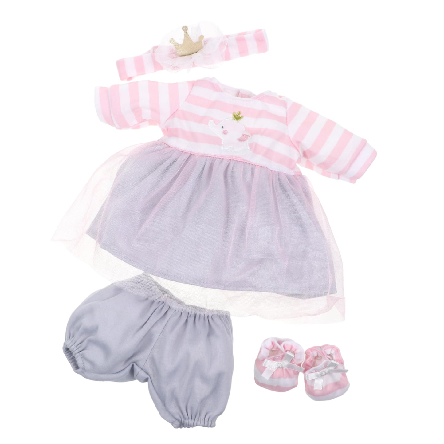 JC Toys Baby Doll Outfit - Pink Striped Dress with Tulle Skirt & Accessories - Fits 14"-16" Dolls - Model CLO30040G