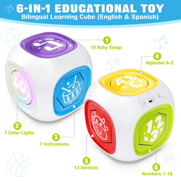 Toys For 1+ Year Old Boy Girl, Bilingual Learning Cube With Music & Light, Early Learning Musical Baby Toys 12-18 Month, Educational Toy For Toddler Age 1-2, Christmas Birthday Gifts For Kids Aged 1+