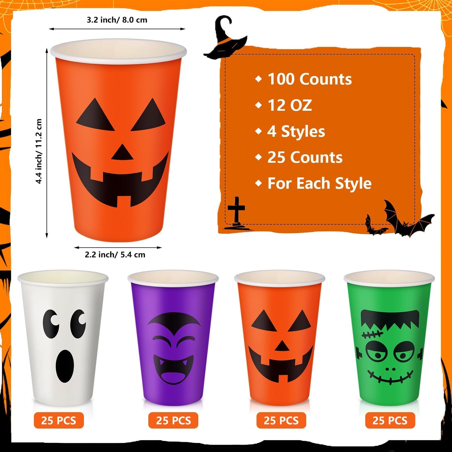 100 Pcs Halloween Party Cups 12 oz Pumpkin Vampire Bat Ghost Paper Cups Disposable Halloween Cups for Hot Cold Drinks Trick or T