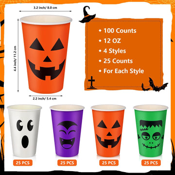 100 Pcs Halloween Party Cups 12 oz Pumpkin Vampire Bat Ghost Paper Cups Disposable Halloween Cups for Hot Cold Drinks Trick or T
