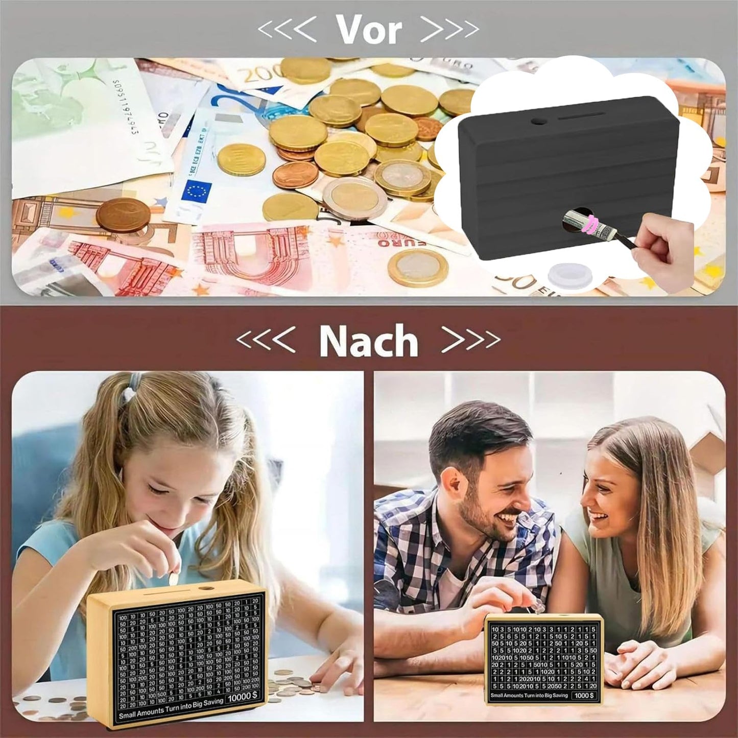 10000 Money Saving Box No Install Required Cash Vault Wooden Savings Challenge Box Piggy Bank for with $10000 $5000 $3000 $2000 $1000 $500 Target for Kids mature-themed Xmas Gift(8 Target Wood Color)