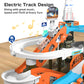 Risuntoy 53Pcs Space High-Speed Rail Adventure Track Set-Electric Elevator, Rotating Slide, 3 Mini Police Cars & Train, Lights & Music, Interactive Adventure Playset Fun For Kids 3+, Ideal Gift