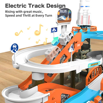 Risuntoy 53Pcs Space High-Speed Rail Adventure Track Set-Electric Elevator, Rotating Slide, 3 Mini Police Cars & Train, Lights & Music, Interactive Adventure Playset Fun For Kids 3+, Ideal Gift