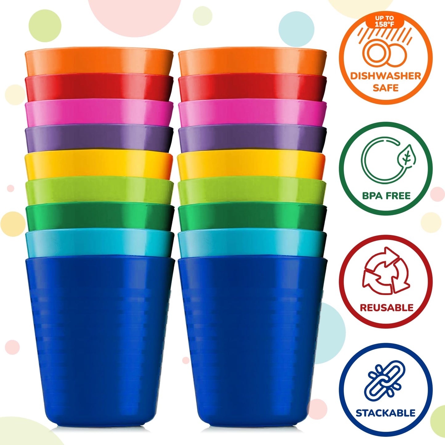 PLASKIDY Kids Cups - Set of 18 Plastic Toddler Cups 8 Ounce Children Drinking Cups Tumblers 9 Assorted Colors - Reusable Dishwas